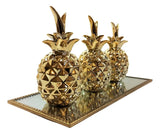 Kit 3 Abacaxis Decorativo + Bandeja Cor Dourado
